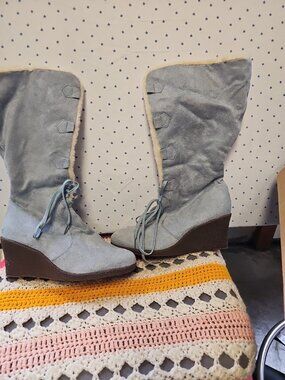 Suzanne Somers Blue Suede Lace Up Wedge Heel Boots